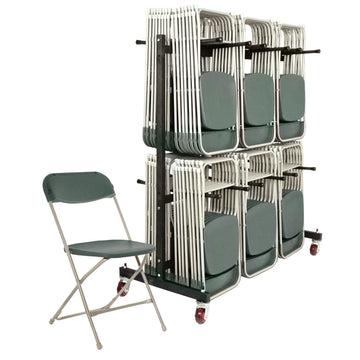 Grey plastic folding chairs hanging on a chair trolley.